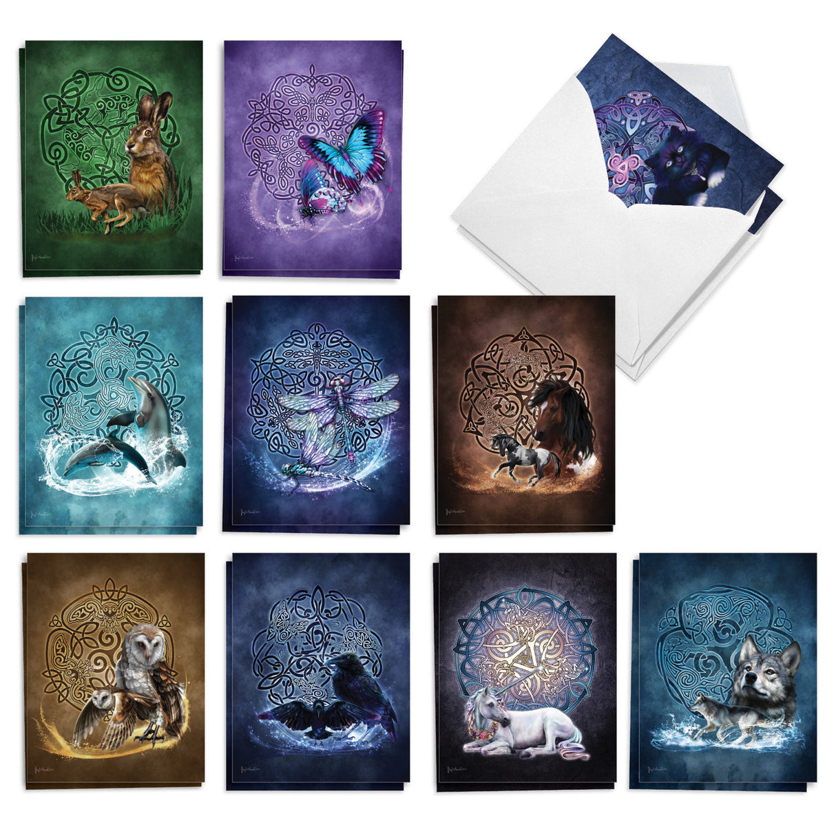 Collection of greeting cards with various Celtic & animal designs on a white background