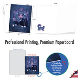 Card with a cat design on a white background, showing front and back views with measurements.