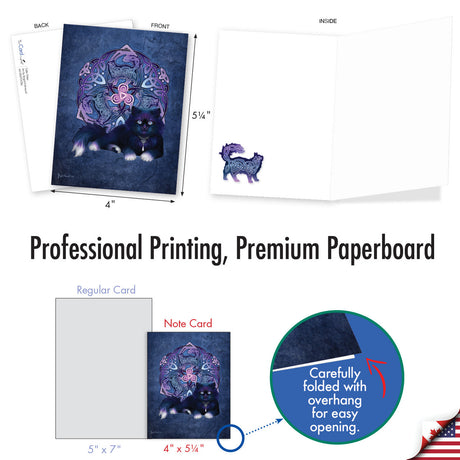 Card with a cat design on a white background, showing front and back views with measurements.