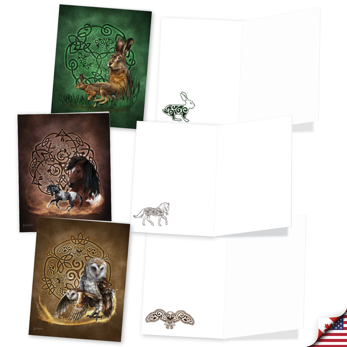 Set of greeting cards with animal illustrations and inside decorative elements on a white background.