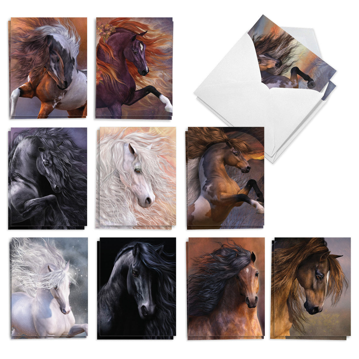 Set of notecards featuring various horse art by Laurie Prindle, with envelopes