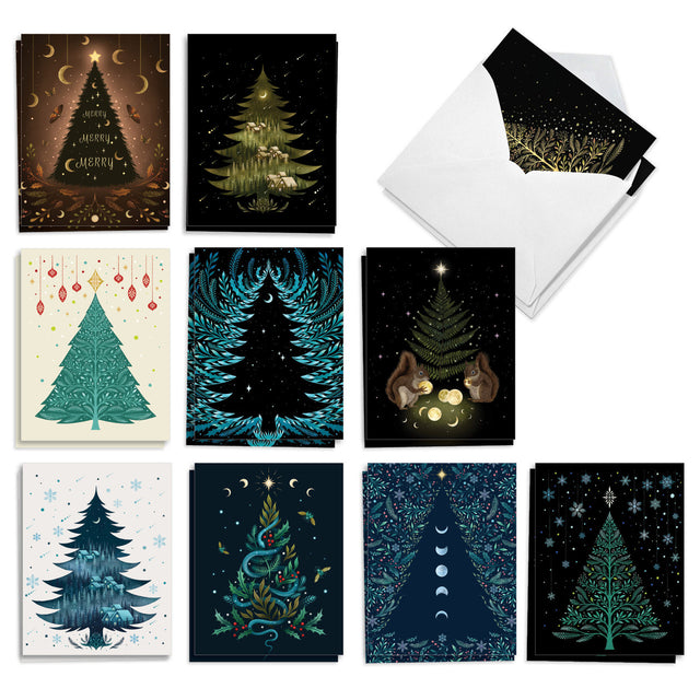 Collection of Christmas cards with tree designs on a white background