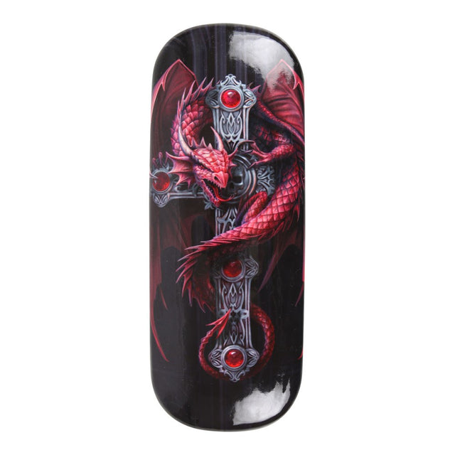 Eyeglass case by Anne Stokes, red dragon curled around Gothic cross with gems