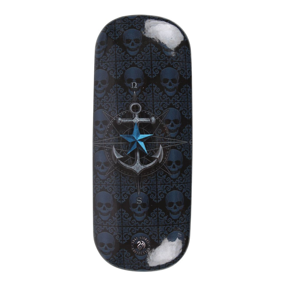 Back of glasses case, nautical anchor design against skull backdrop