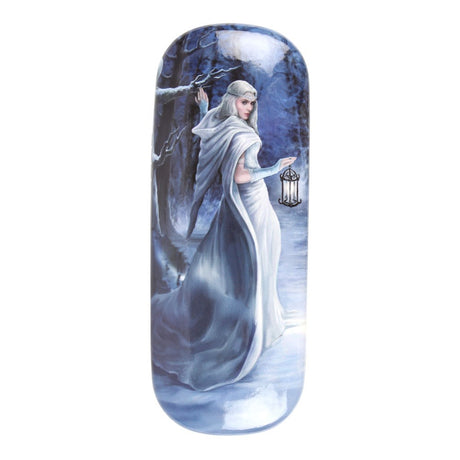 Eyeglass case, art by Anne Stokes, maiden in white in a snowy forest holding a lantern