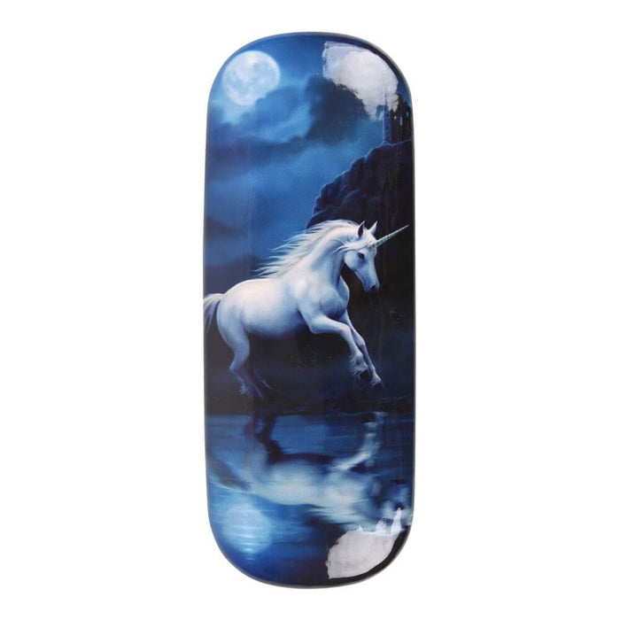 Hard shell eyeglass case with white unicorn racing across a beach at night under the full moon, with the reflection in the water below.