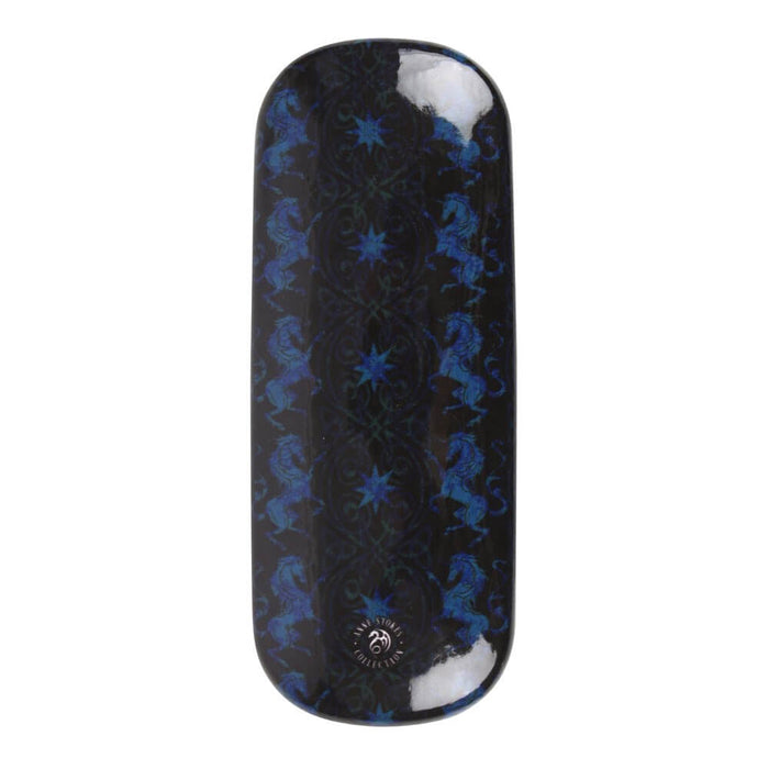 Back of glasses case with blue on black unicorn design and Anne Stokes logo