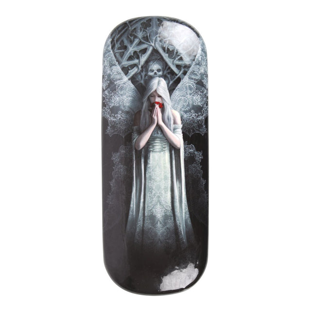 Eyeglass case with Gothic angel in white holding red rose