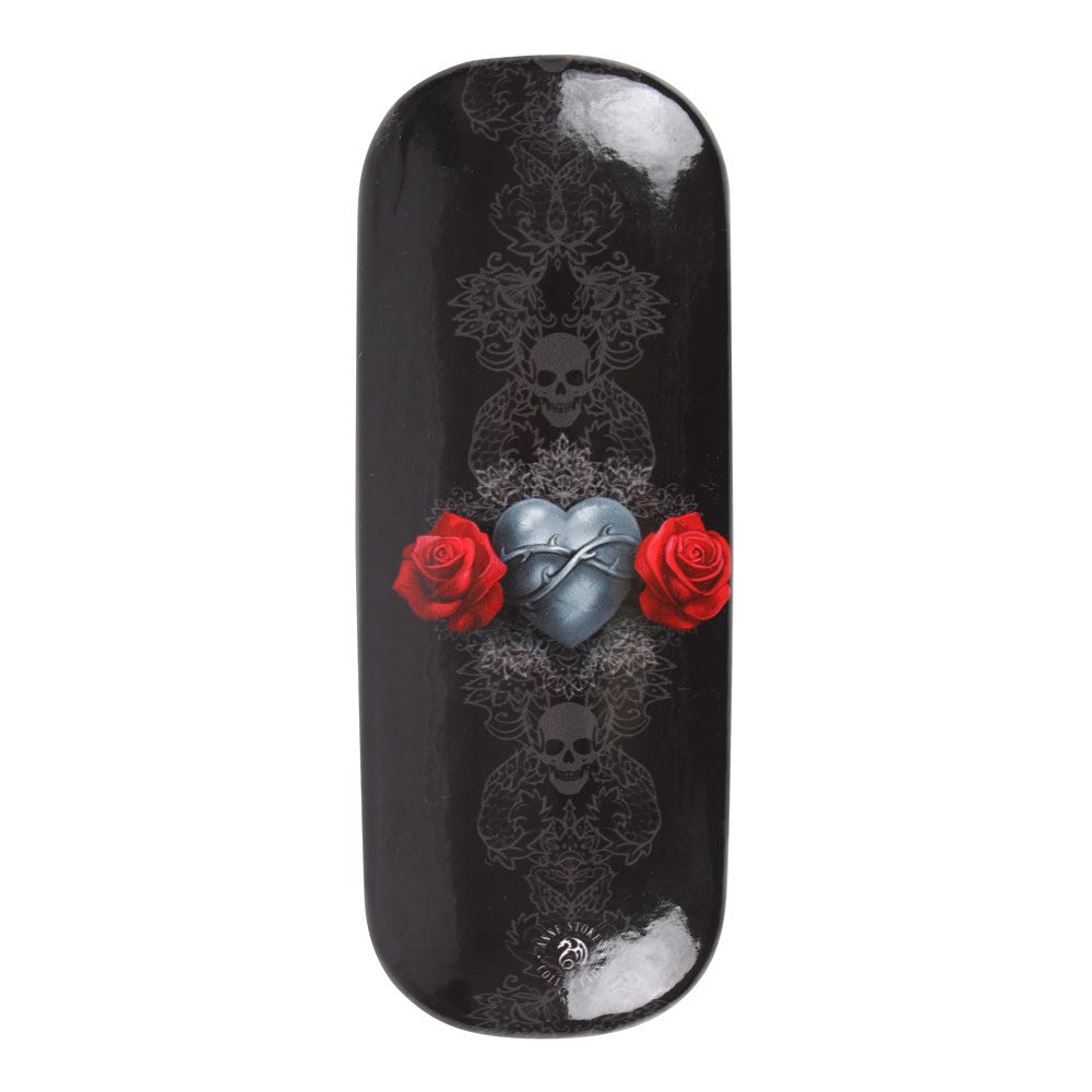 Back of case with heart and red roses, skull design in background