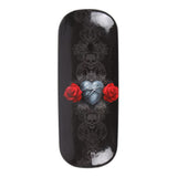 Back of case with heart and red roses, skull design in background