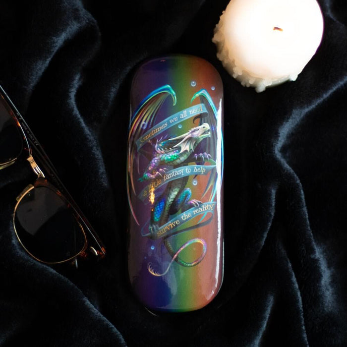 Sometimes Dragon eyeglass case shown on black cloth with candle and eyeglasses (not included)