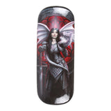 Glasses case with woman in armor holding sword, dragon on her shoulder.