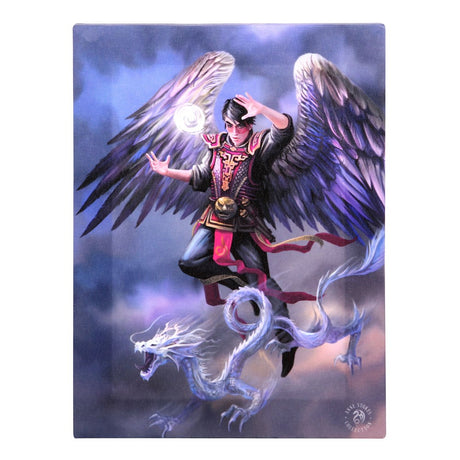 Canvas print by Anne Stokes, winged air wizard with glowing orb flying with Asian dragon in the cloudy sky