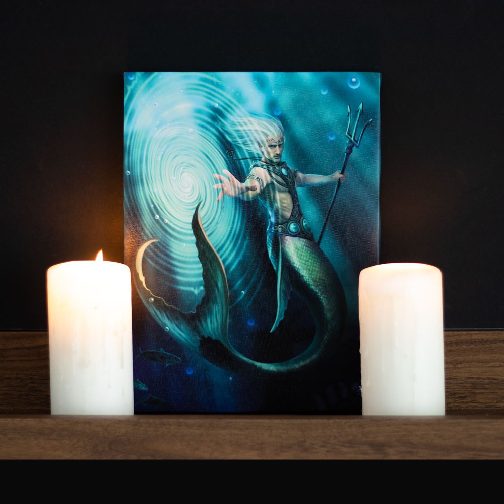 Water Mermaid Wizard canvas art print by Anne Stokes, holding trident and casting a spell