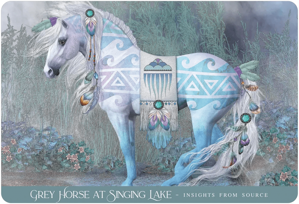 Card example - Grey Horse at Singing Lake - Insights from Source - white and blue patterned horse on pale background of forest
