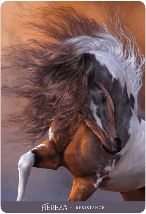 Card example - Fiereza - Resistance - prancing bay paint horse with flowing mane