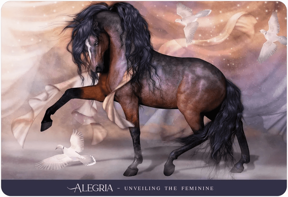 Card example - Alegria - Unveiling the Feminine - dark bay horse with white doves
