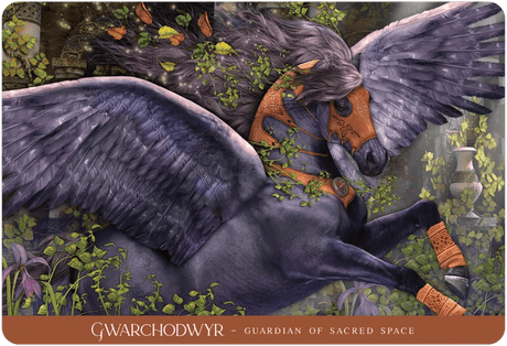 Card example - Gwarchodwyr - Guardian of Sacred Space - black pegasus with bronze armor