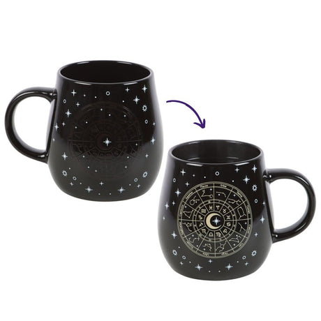 Black ceramic mug with gold astrology wheel that shows up with heat