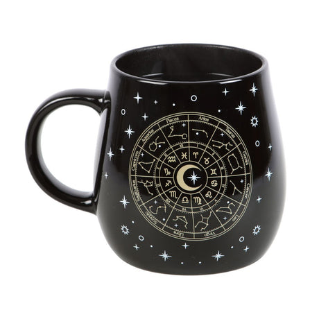 Black ceramic mug with gold astrology wheel that shows up with heat