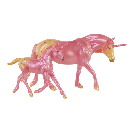 Model horse figurines, mare and foal, two appaloosa unicorns in pink and cream colors