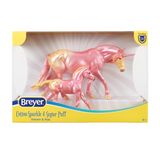 Model horse figurines, mare and foal, two appaloosa unicorns in pink and cream colors, shown boxed - Cotton Sparkle & Sugar Puff