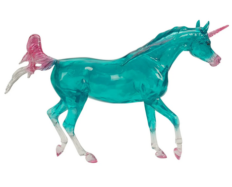 Model unicorn with clearware aqua body, white socks and tail tip, pink hooves, tail, mane, nose and horn