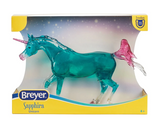 Model unicorn with clearware aqua body, white socks and tail tip, pink hooves, tail, mane, nose and horn, shown in box - Sapphira