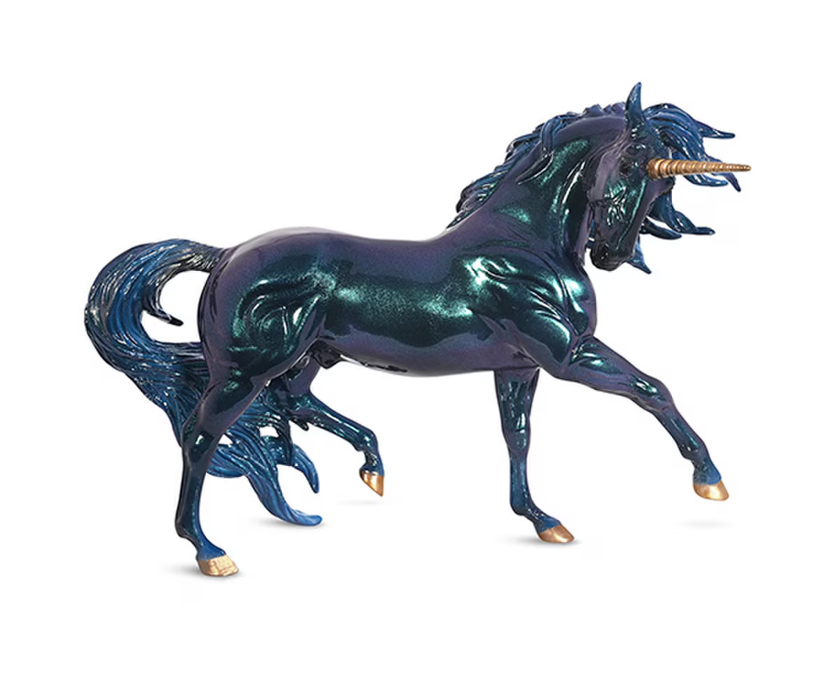 Iridescent black-blue-purple unicorn figurine 