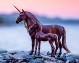 Unicorn and horse figurines standing on a beach with a sunset in the background