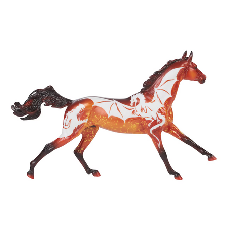 Breyer model horse, fiery orange-red with darker mane, tail & legs, with glow in the dark dragon design