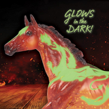 Breyer model horse, fiery orange-red with darker mane, tail & legs, with glow in the dark dragon design