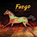 Breyer model horse, fiery orange-red with darker mane, tail & legs, with glow in the dark dragon design
