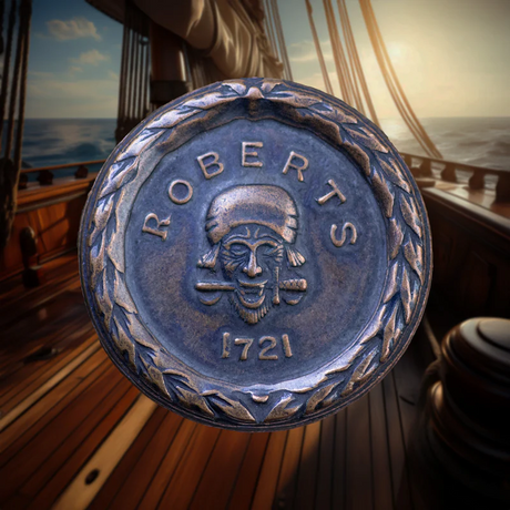 Copper coin with "Roberts 1721" and pirate skull