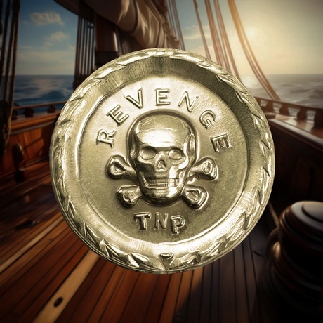 Shiny brass coin with 'REVENGE' and skull design