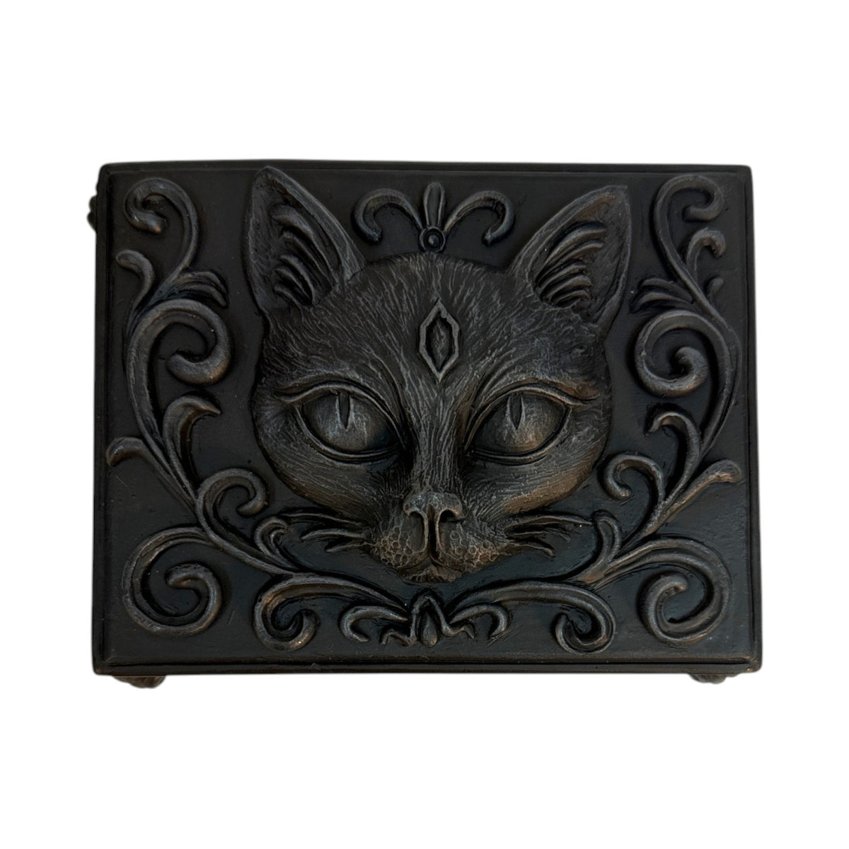 Black trinket box with cat face on lid