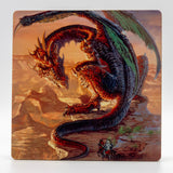 Coaster with red dragon facing tiny knight on horseback