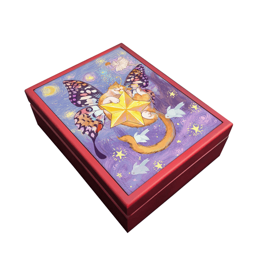 Red-tinged mahogany wooden box with starry butterfly cat design on the lid