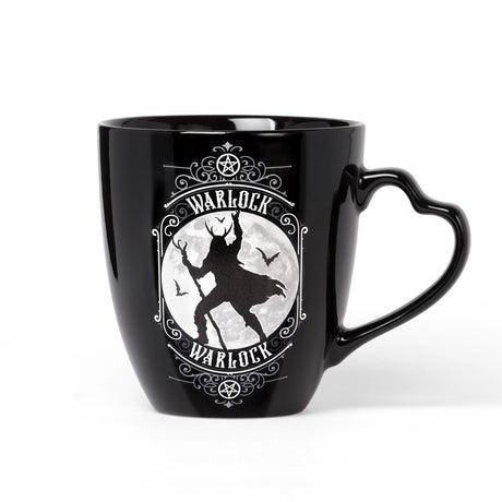 Black china mug with white and black warlock and moon design
