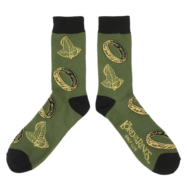 Green socks with The One Ring and Elven leaf brooch designs