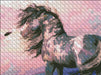 Cross stitch pattern of a pinto horse in front of a sunset, with feathers in its billowing mane