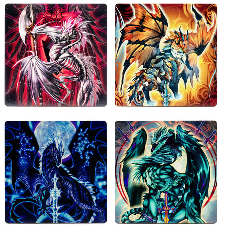 Set of 4 coasters by Ruth Thompson. Red skeletal dragon, orange and blue dragon, blue celestial dragon, and aqua dragon.