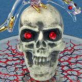 Glass figurine of dragon with red and black wings and gold accents on a white skull with red eyes, on a mirrored base