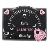 Ouija board with pink hearts, bats, and 'talking board' label on a white background