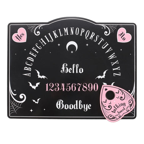 Ouija board with pink hearts, bats, and 'talking board' label on a white background