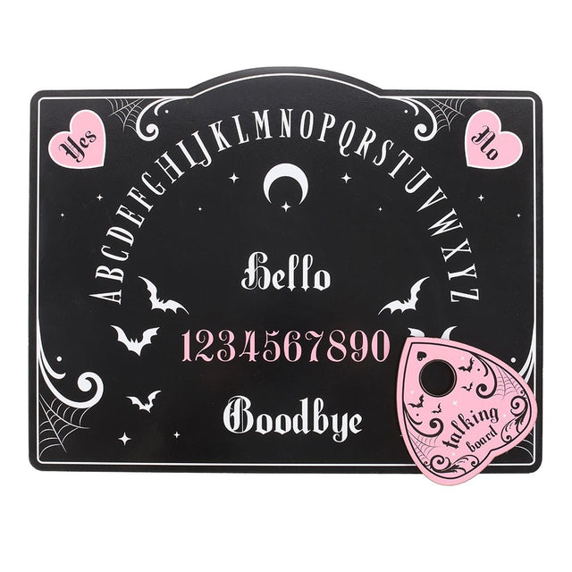 Ouija board with pink hearts, bats, and 'talking board' label on a white background