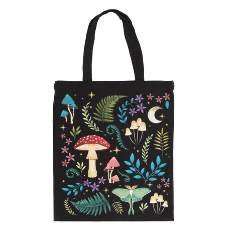 Tote bag with design of mushrooms, ferns, moon, luna moth, flowers