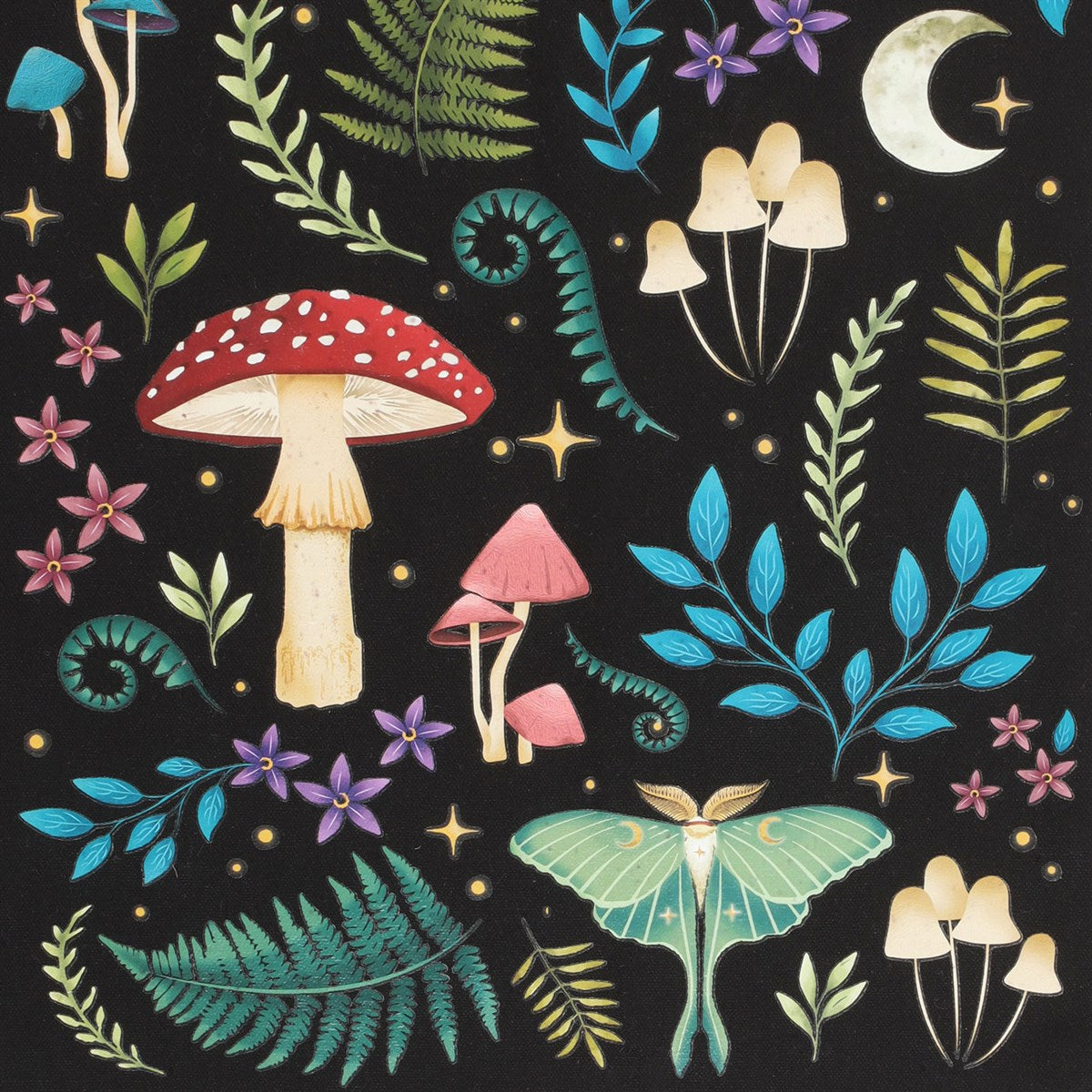 Tote bag design of mushrooms, ferns, moon, luna moth, flowers