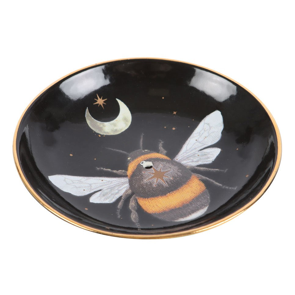 Incense burner dish, round, with bee and moon design