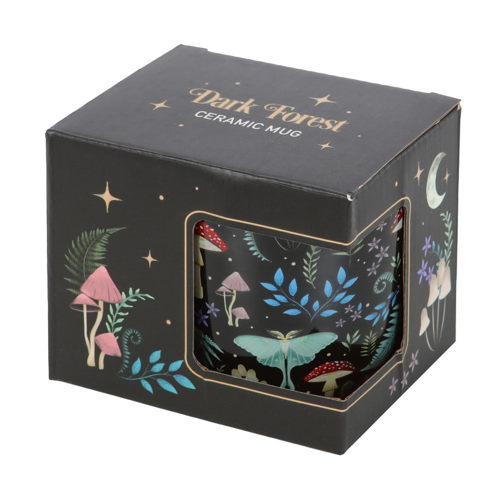 Black ceramic mug with designs of mushrooms, ferns, luna moths, shown in box